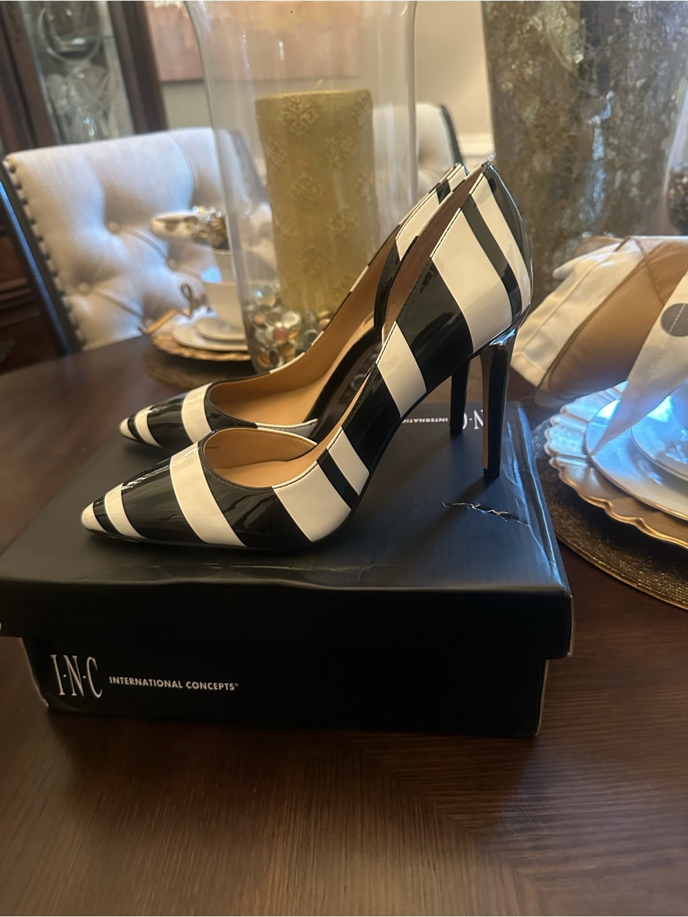 Slightly Worn Size 8 INC Black & White Striped Pointed-Toe Stiletto Pumps